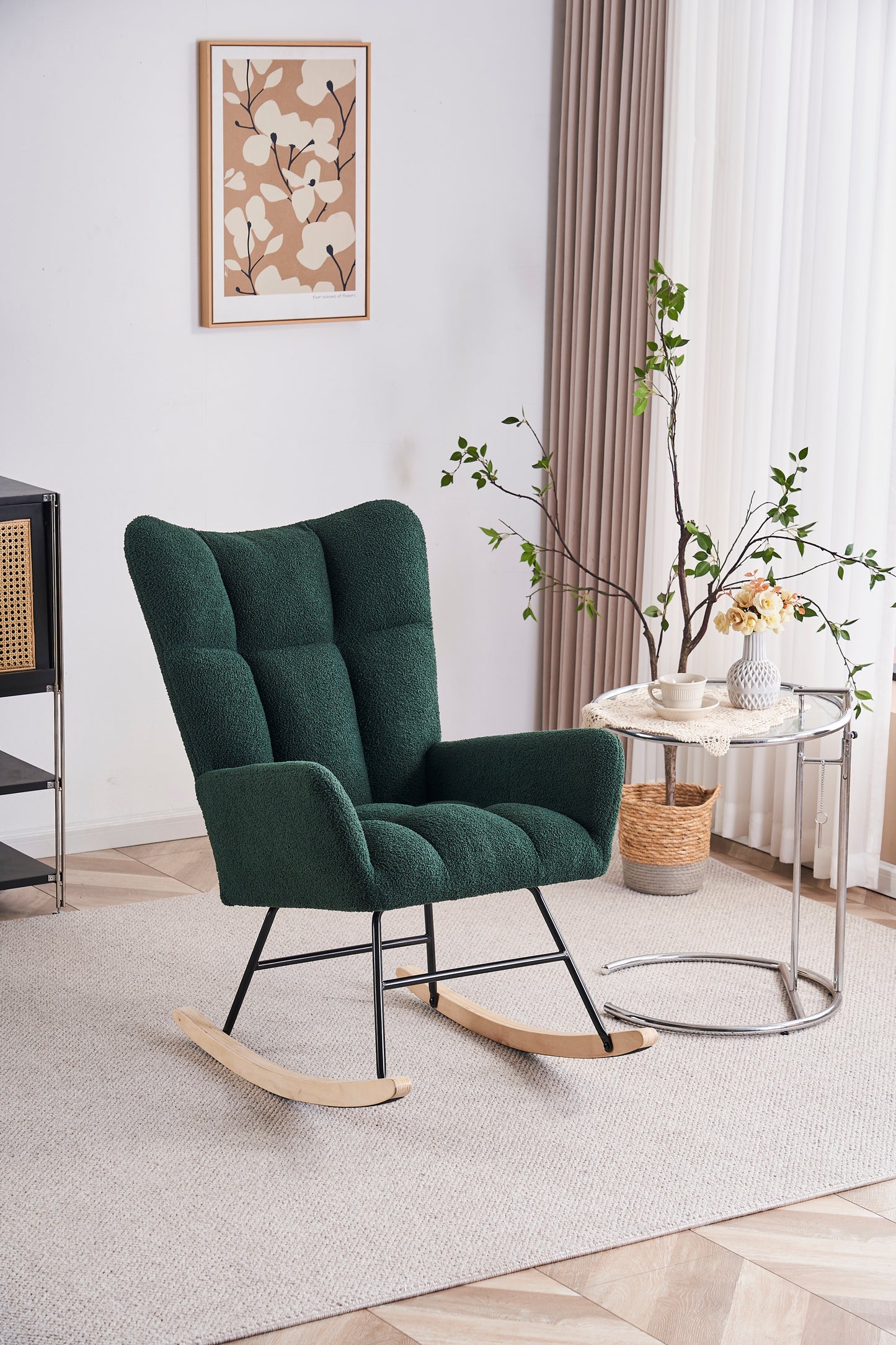 Chaise à bascule pour chambre d'enfant, chaise de lecture avec pieds en bois massif avec tissu Teddy rembourré, fauteuil de sieste pour salons, chambres, bureaux, meilleur cadeau, tissu Teddy émeraude