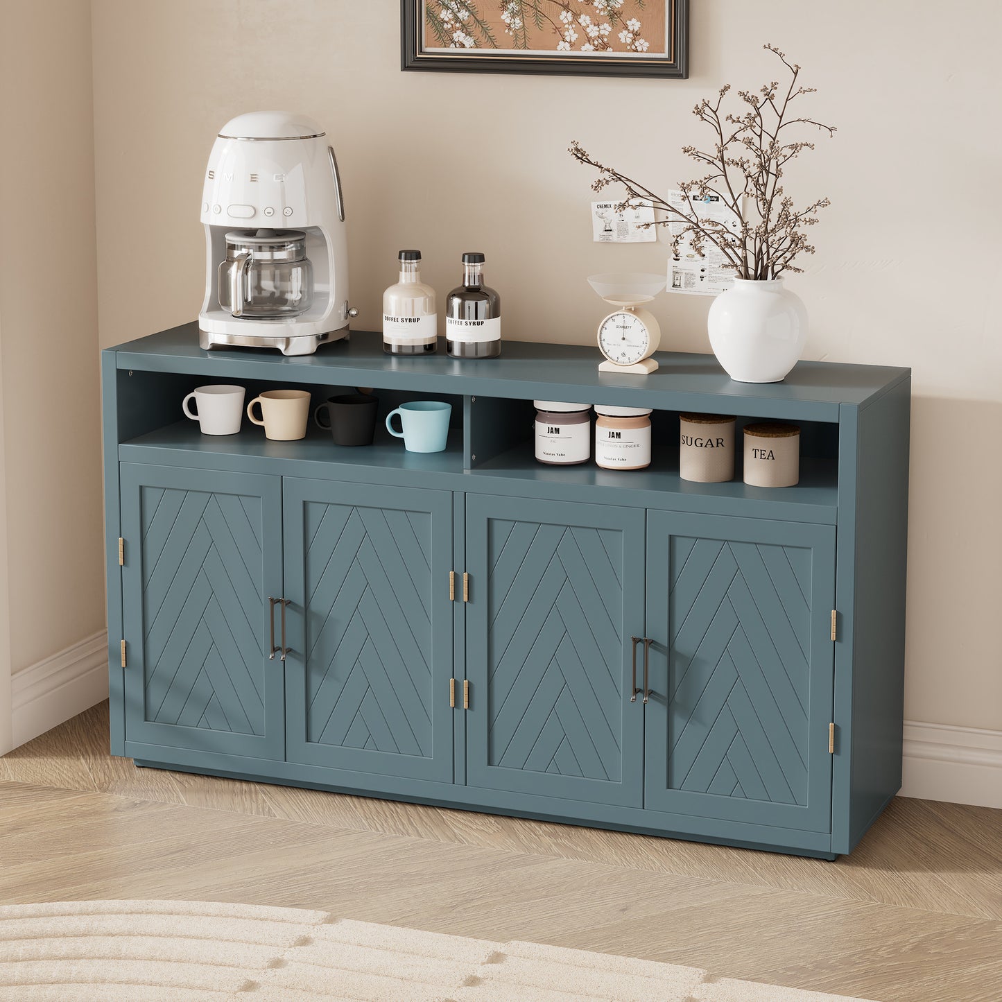 TREXM 4-door Classic Sideboard with Open Storage and Adjustable Shelves Perfect for kitchens,  living rooms (Smoke Blue)