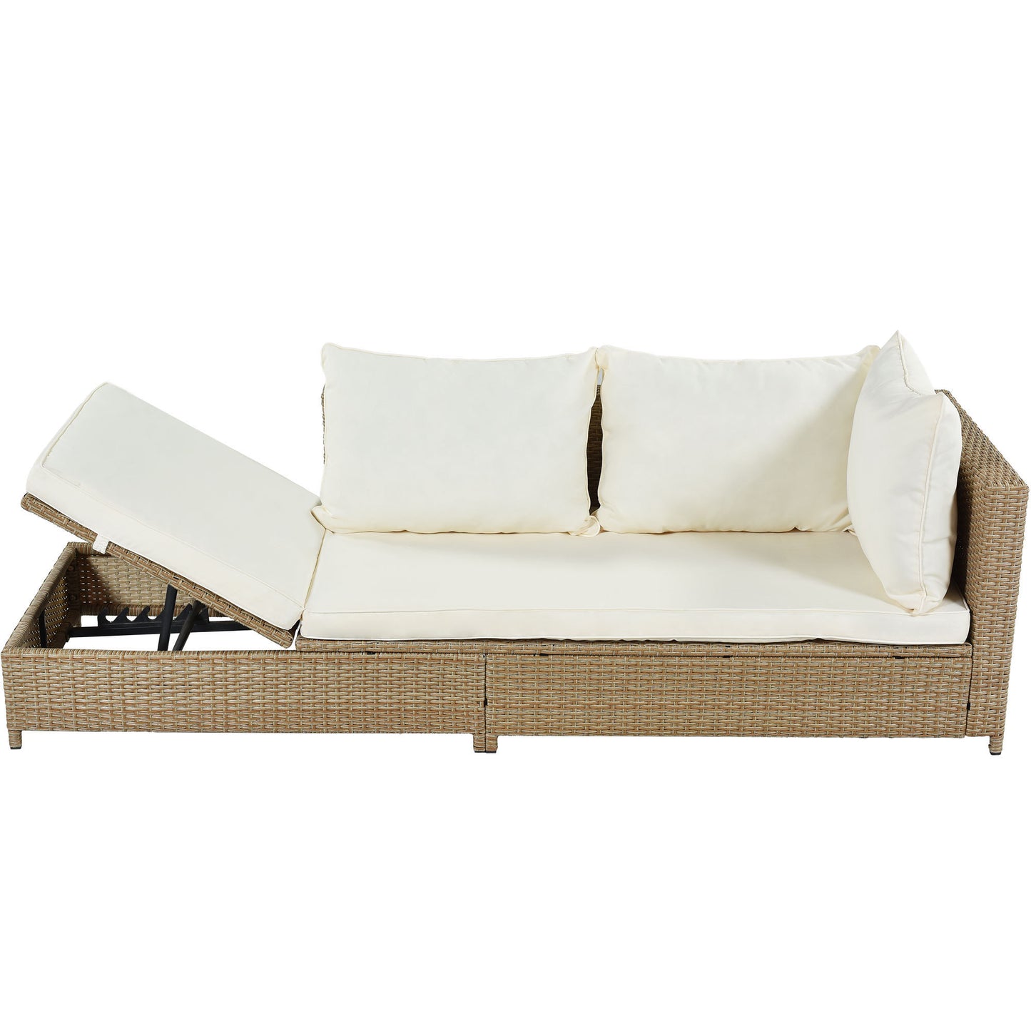 TOPMAX Ensemble de canapé 3 pièces en rotin pour patio, ensemble sectionnel en osier PE résistant aux intempéries, avec cadre de chaise longue réglable et table en verre trempé, marron naturel + coussin beige