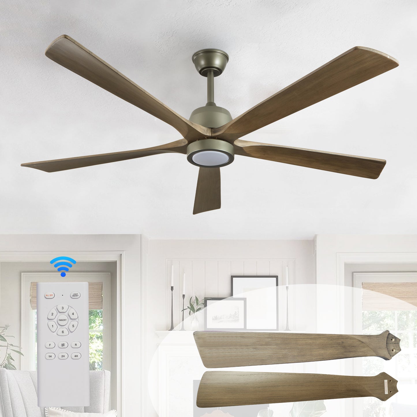 60" Modern Wood Ceiling Fan with Light and Remote Control,6-Speed Noiseless Reversible DC Motor, Ceiling Fan for Kitchen Dinning Living Room