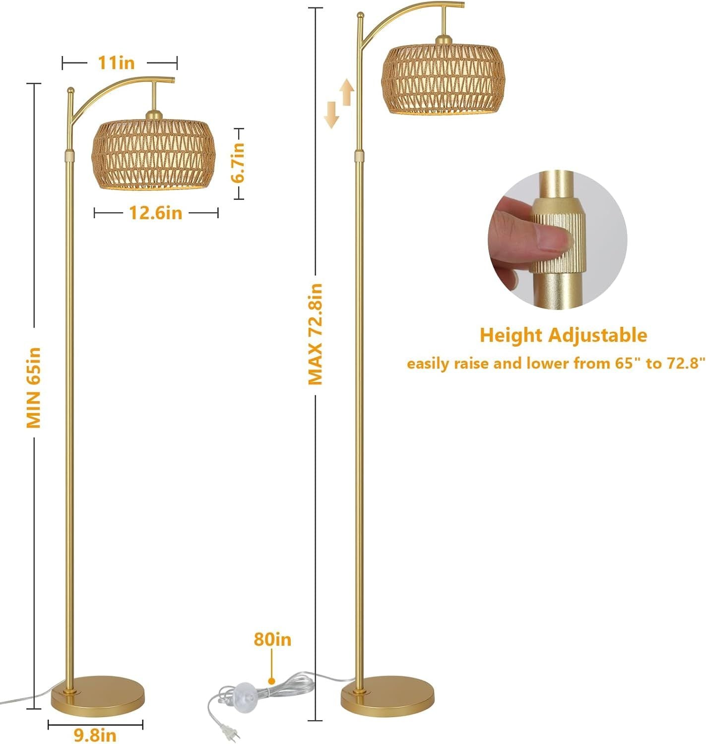 Arc Floor Lamp with 3 Color Temperatures & Remote - Boho Gold LED Standing Lamp with Rattan & Fabric Shades