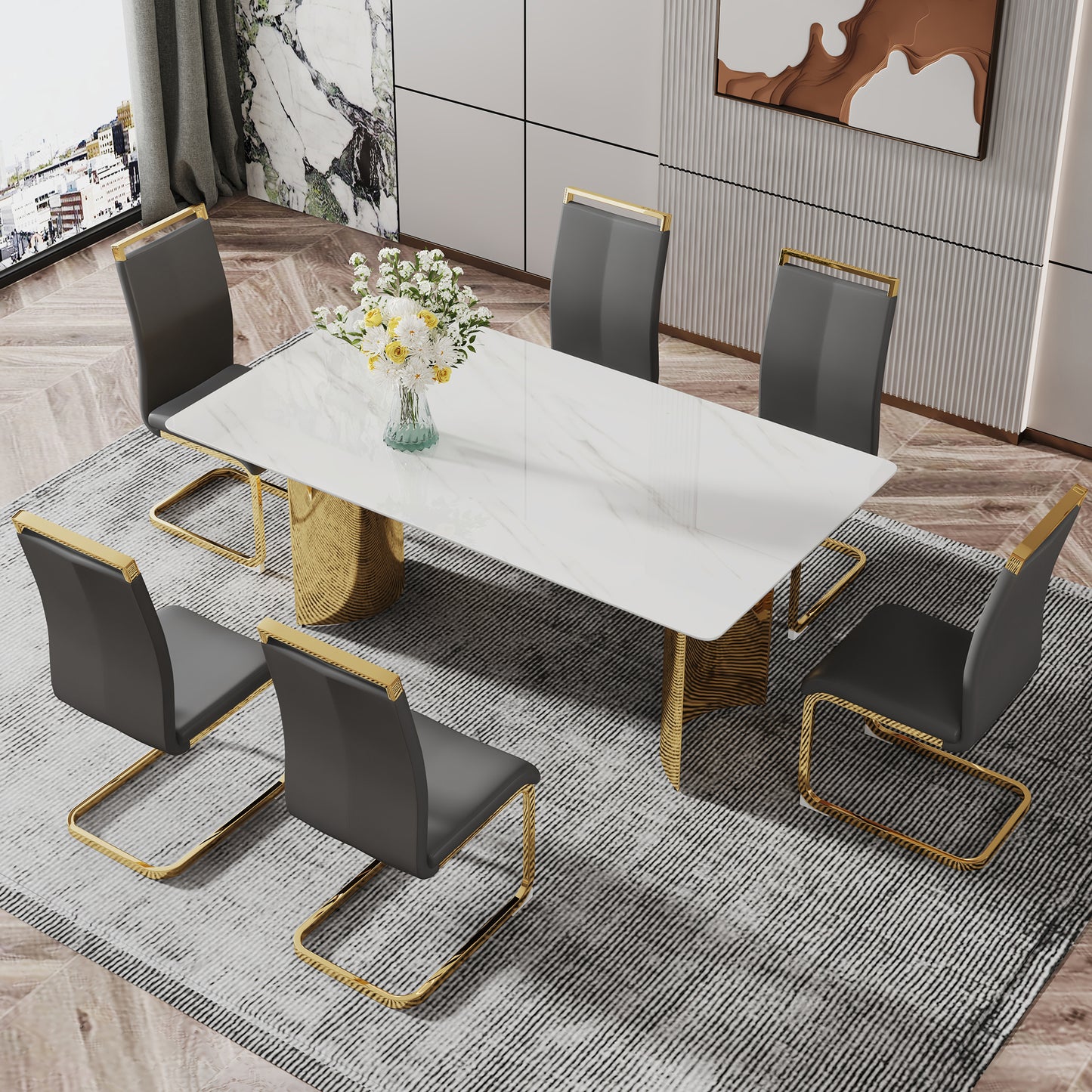 Stylish 71" Minimalist Dining Table with White Imitation Marble Glass Surface and Gold Metal Legs - Ideal for Dining Areas and Living Spaces