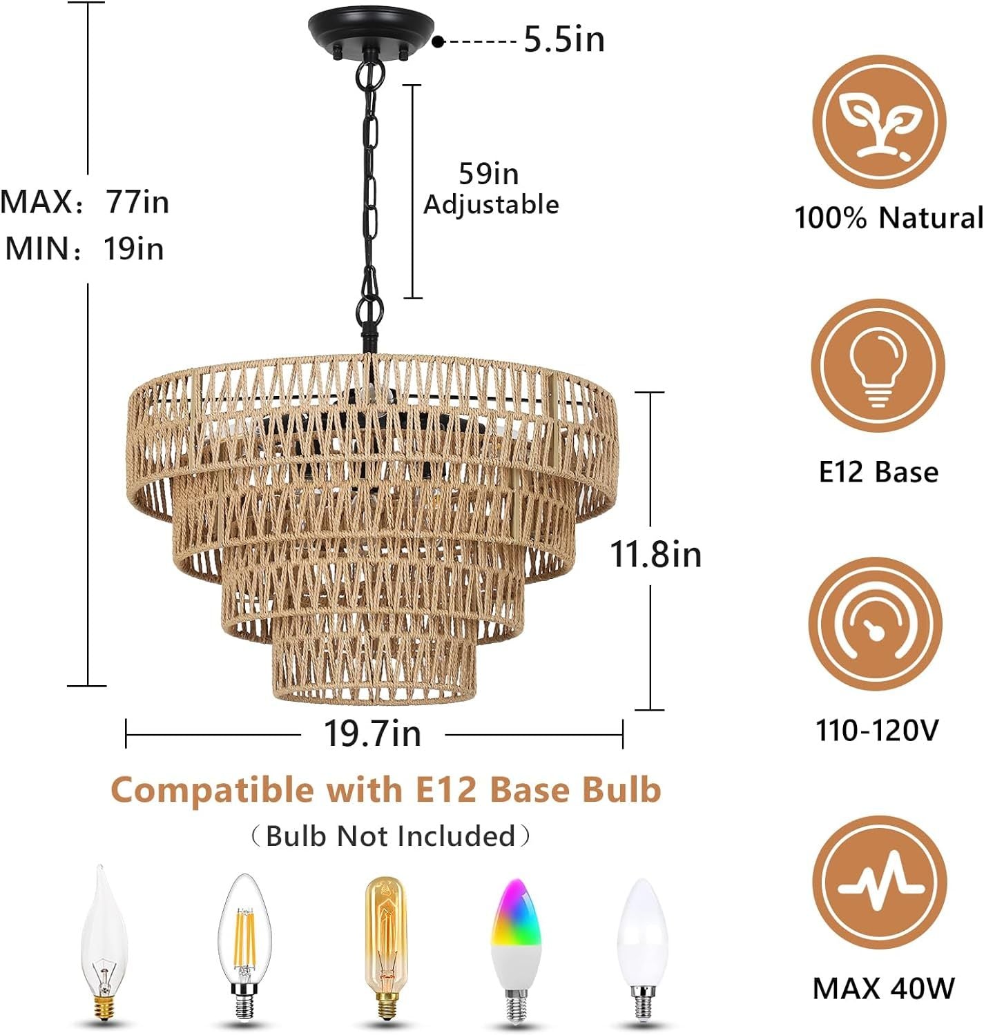 Boho Rattan Chandelier, 6-Light Dining Room Light Fixture, Wicker Pendant Lighting with 4-Tier Woven Lampshade, Large Farmhouse Chandeliers for Dining Room Bedroom Kitchen Living Room(20")