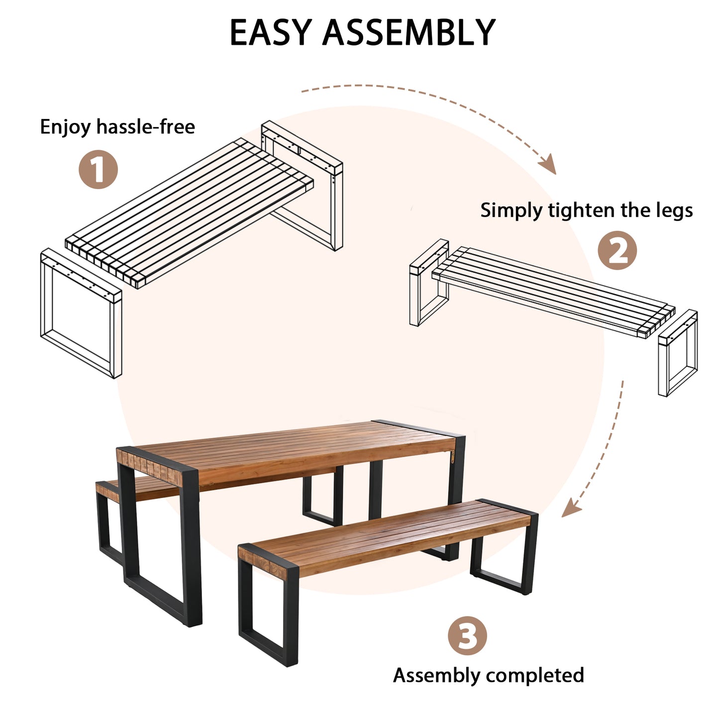 3-Piece Outdoor Dining Set: Acacia Wood Table & 2 Benches with Unique Texture, Durable Steel Frame for All-Weather Use