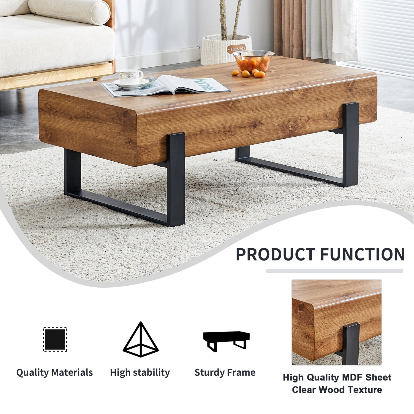 Natural Wood Tone Rustic MDF Coffee Table with Metal Legs