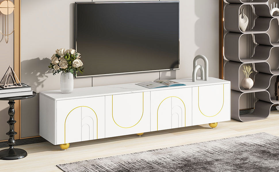 Modern TV Stand for TVs up to 75 Inches, Entertainment Center with Storage Cabinets and 1 Adjustable Shelf, Media Console with Marble-patterned Top and Golden Round Metal Legs for Living room