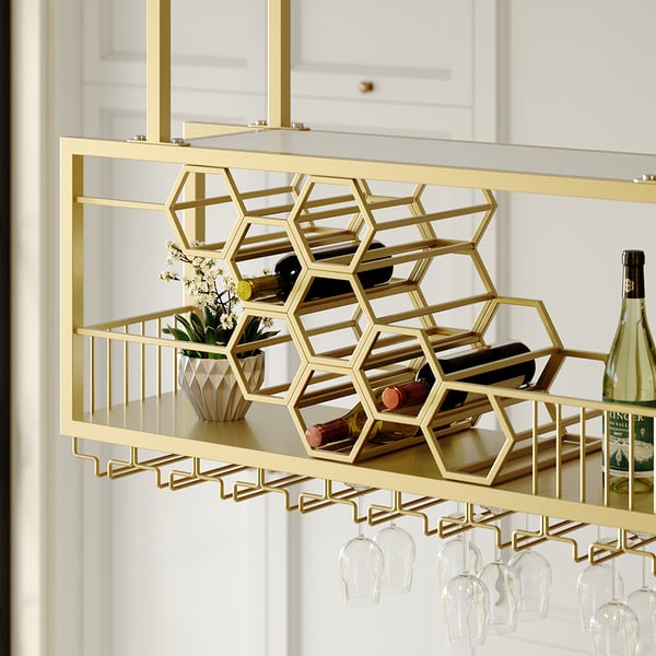 38'' Metal Hanging Wine Rack Golden Bar Shelf Floating Wine Glass Holder