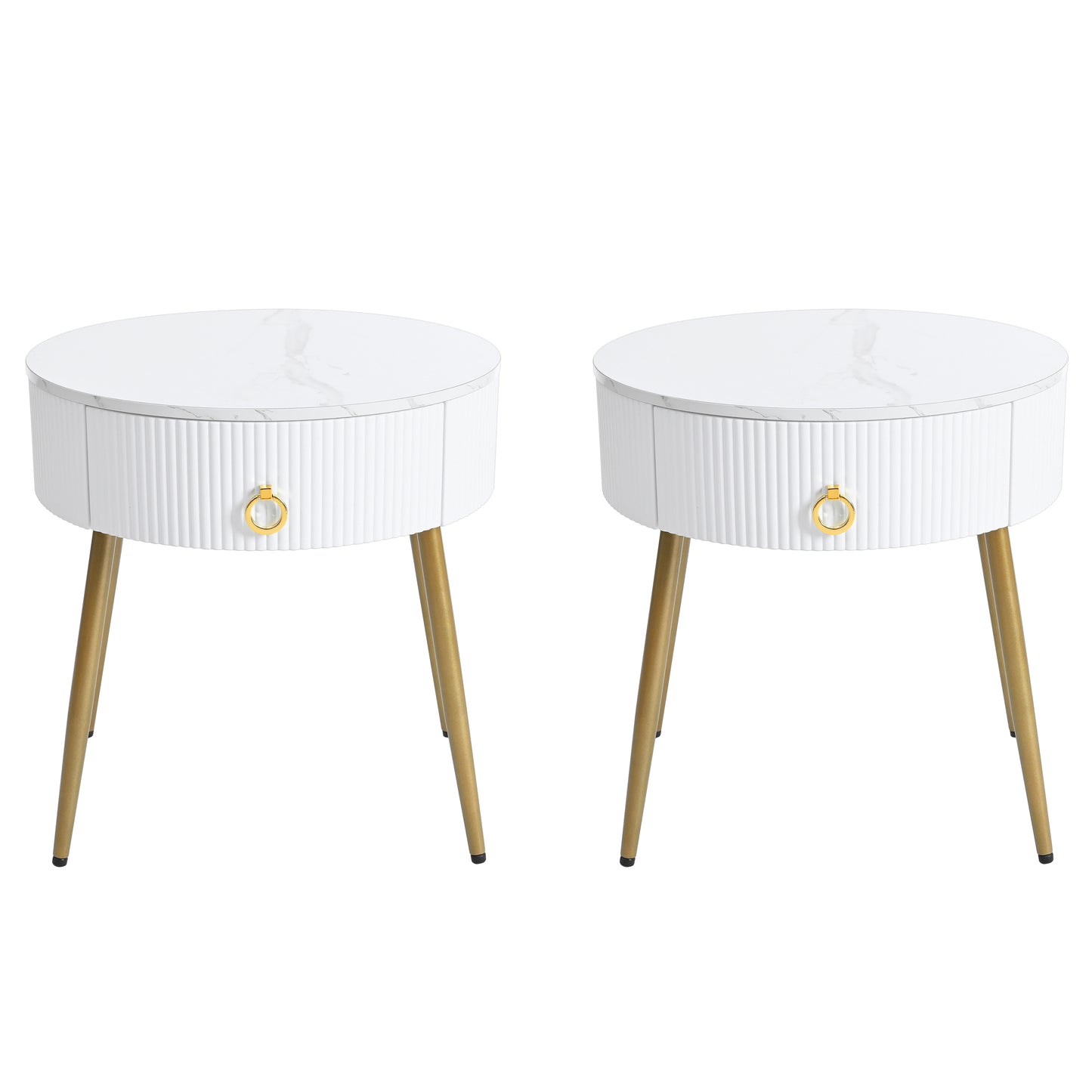 ON-TREND Φ19.6'' Easy Assembly End Tables with High Gloss Faux Marble Tabletops, Set of 2, Modern Fluted 2 Side Tables with Drawers, Round Coffee Tables with Golden Legs for Living Room, White