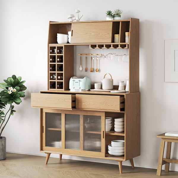 Mid-Century Modern 67" Tall Freestanding Pantry Cabinet with Storage Natural Hutch