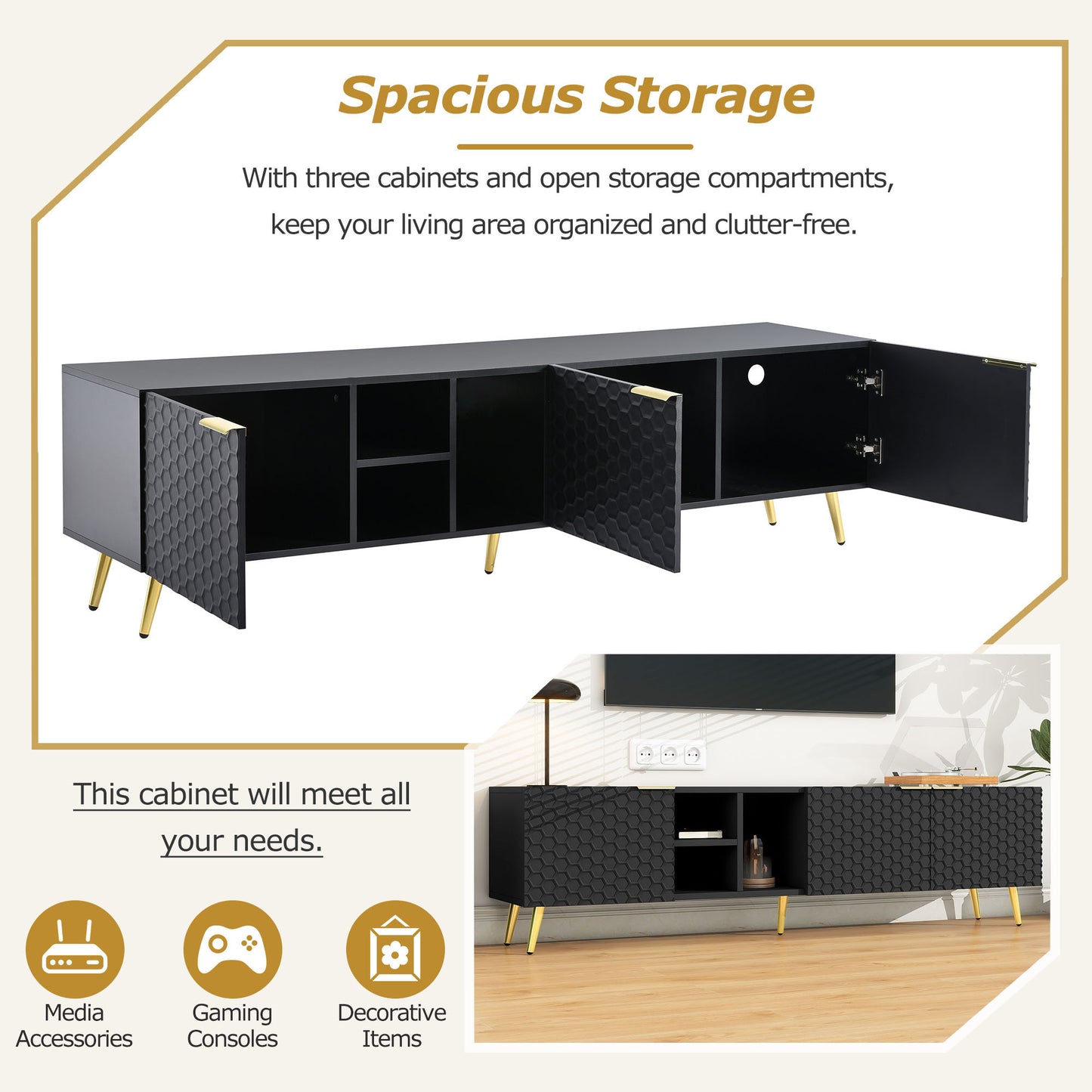 ON-TREND Modern Minimalist Geometric TV Cabinet with Metal Handles and Gold Legs for TVs Up to 80'', Multi-functional TV Stand with Storage Cabinets, Entertainment Center for Living Room, Black