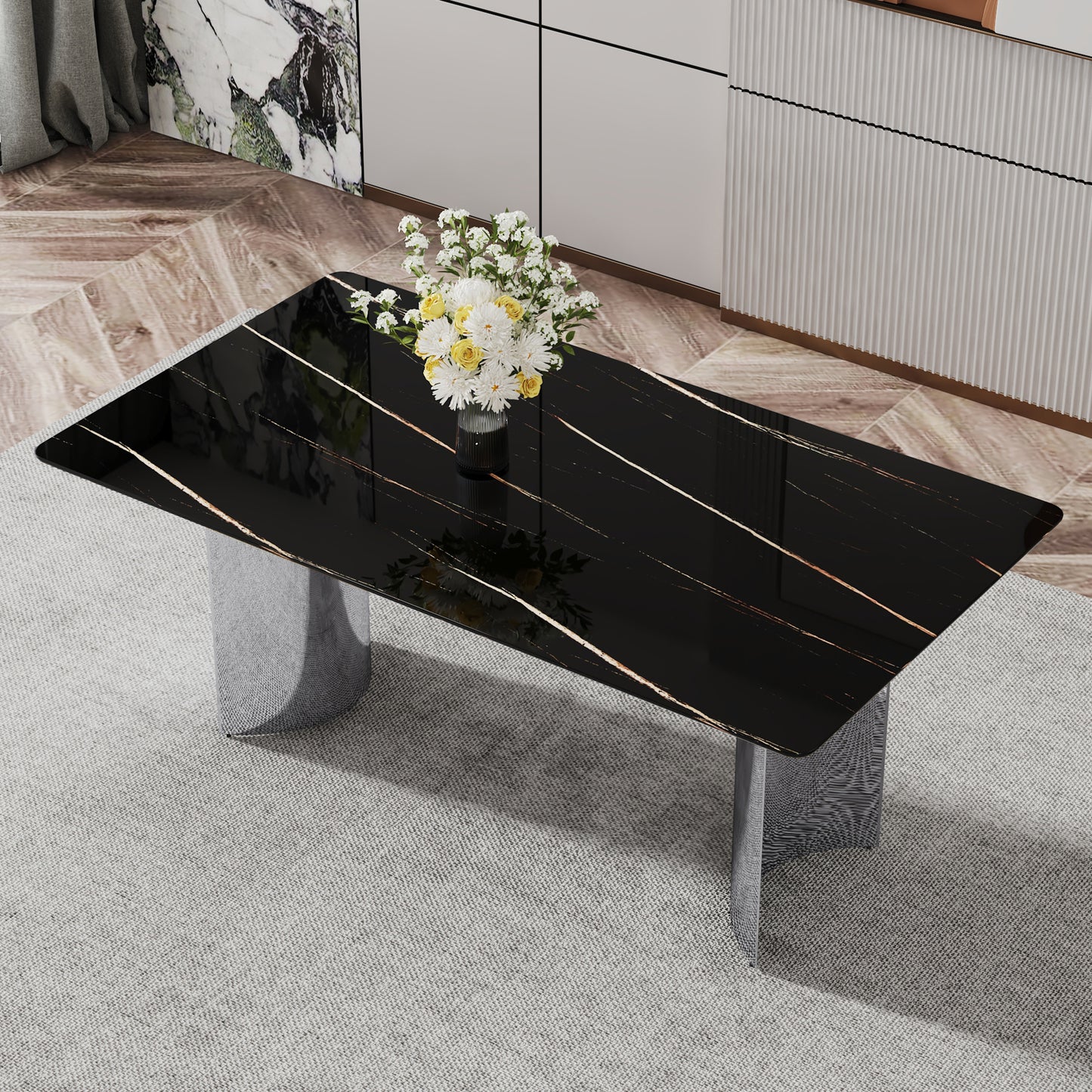 Modern minimalist dining table. The black imitation marble glass desktop is equipped with silver metal legs. Suitable for restaurants and living rooms 71 "* 39.3" * 29.5 "DT-69