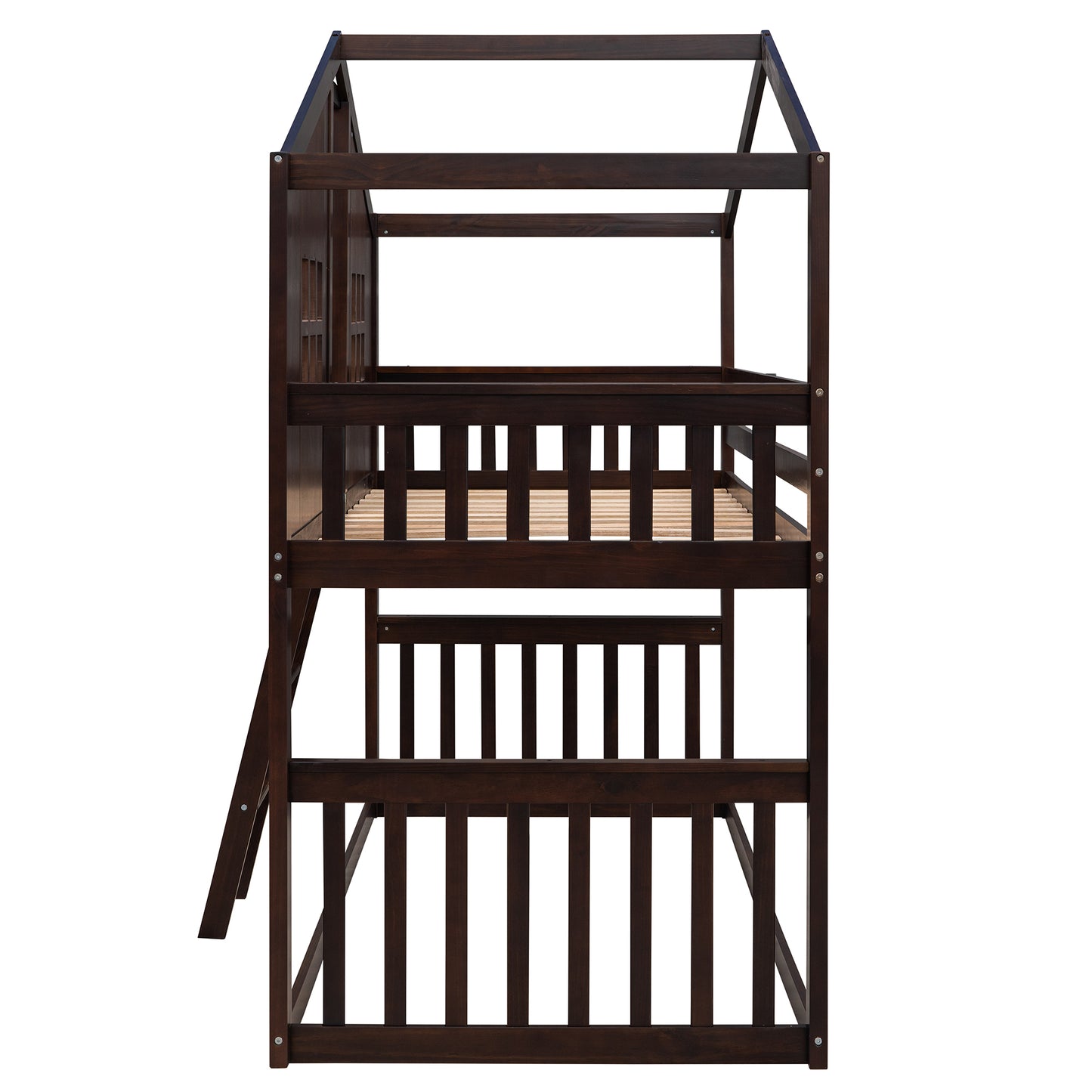 Twin Over Twin House Bunk Bed With Ladder, Wood Bed-Espresso