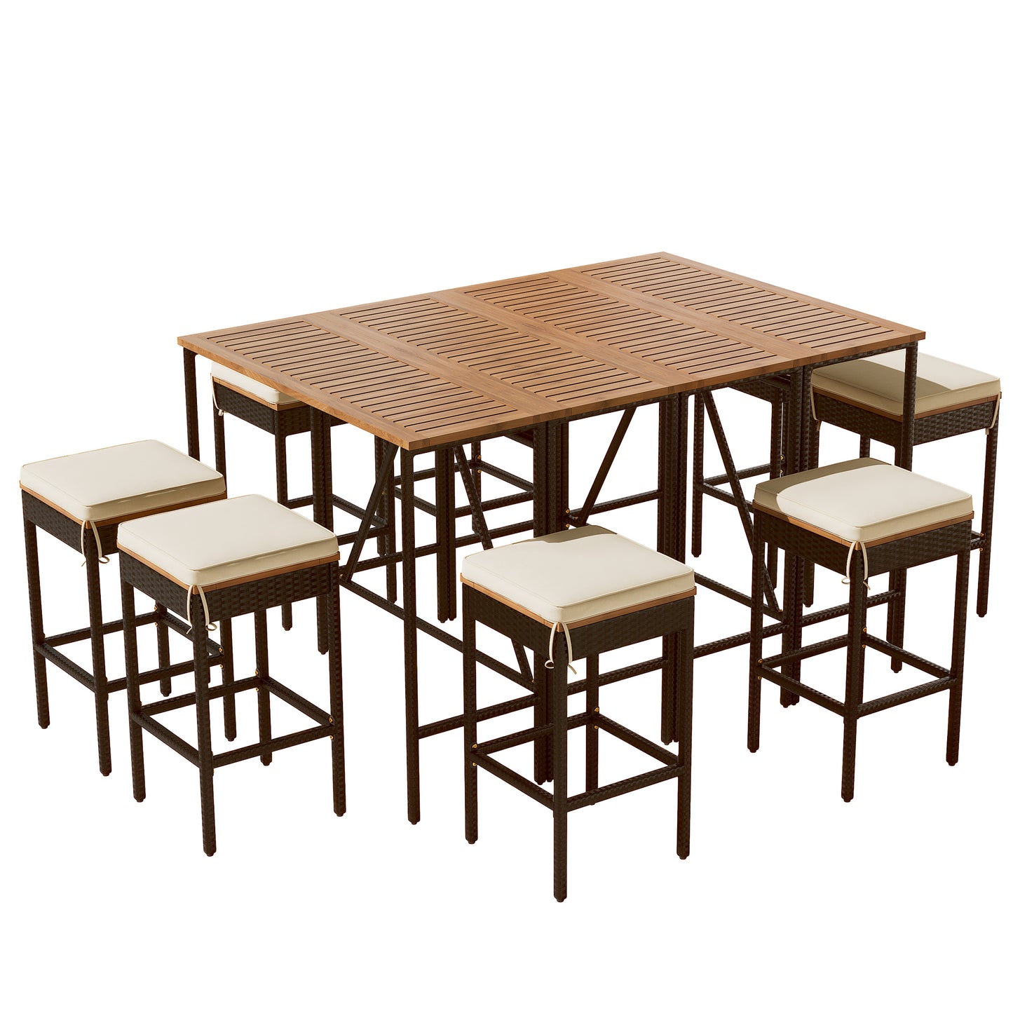 GO Table de bar d'extérieur en bois d'acacia 10 pièces et huit tabourets avec coussins, table de salle à manger de jardin en rotin PE, plateau pliable, ensemble bistro de salle à manger haute, meubles de patio toutes saisons, marron