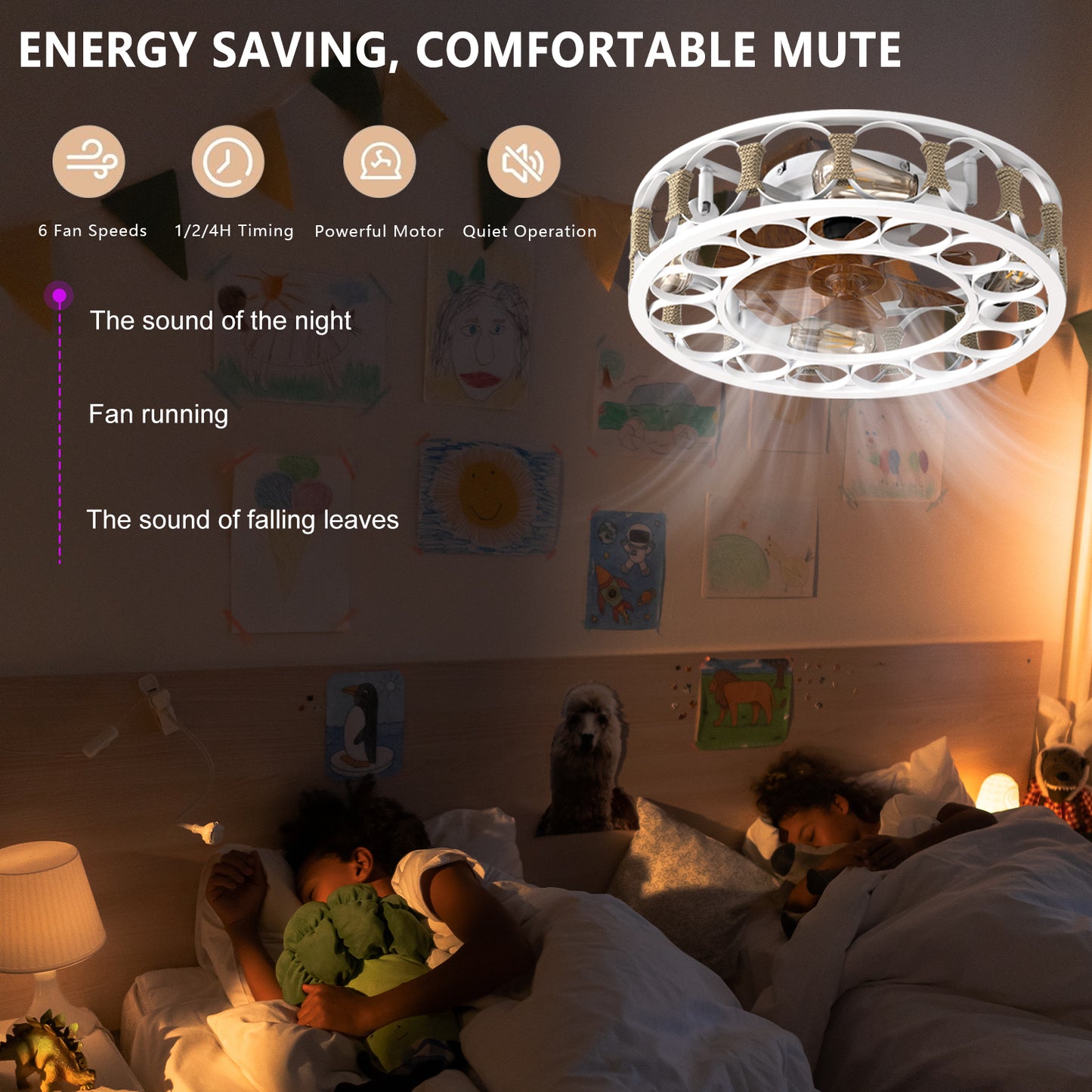 Caged Ceiling Fan with Lights Remote Control,Semi -embedded Modern Ceiling fans, 6 Speeds Reversible Blades, 4 LED Bulbs Include(White)