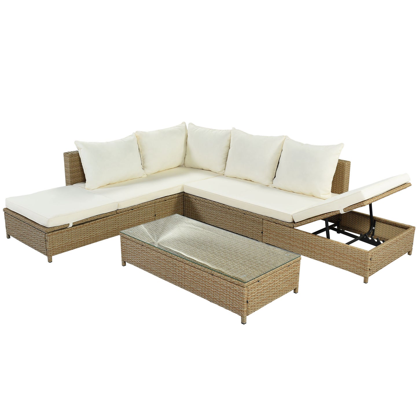 TOPMAX Ensemble de canapé 3 pièces en rotin pour patio, ensemble sectionnel en osier PE résistant aux intempéries, avec cadre de chaise longue réglable et table en verre trempé, marron naturel + coussin beige