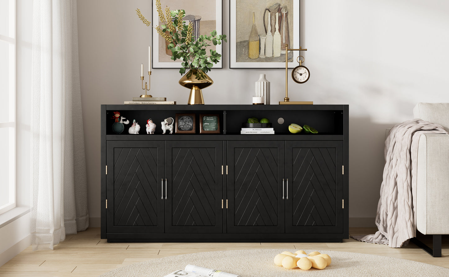 TREXM 4-door Classic Sideboard with Open Storage and Adjustable Shelves Perfect for kitchens,  living rooms (Black)