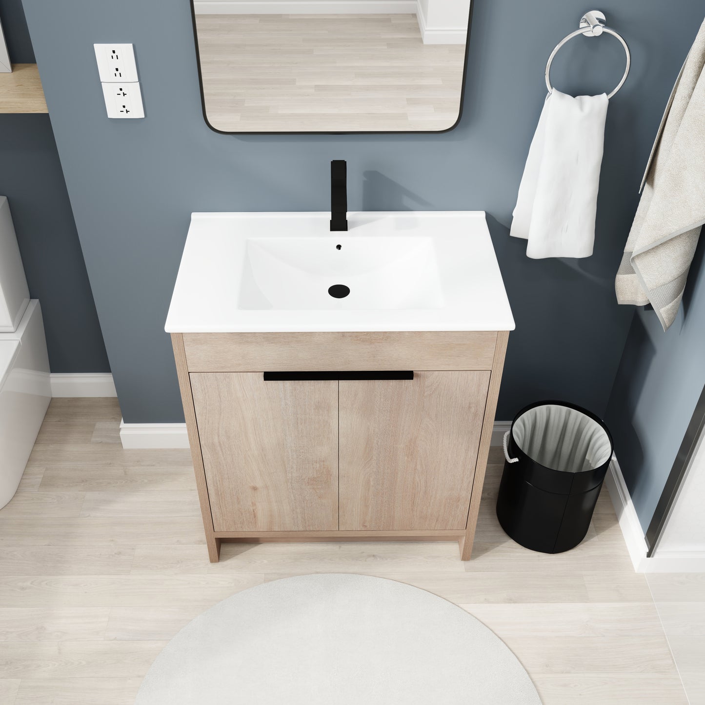 Meuble-lavabo autoportant de 30 pouces avec lavabo en céramique blanche et 2 portes d'armoire à fermeture en douceur (BVB02430PLO-BL9075B)=W999S00063