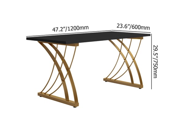 Modern Black Rectangular Home Office Desk with Pine Wood Table Top & Gold Frame