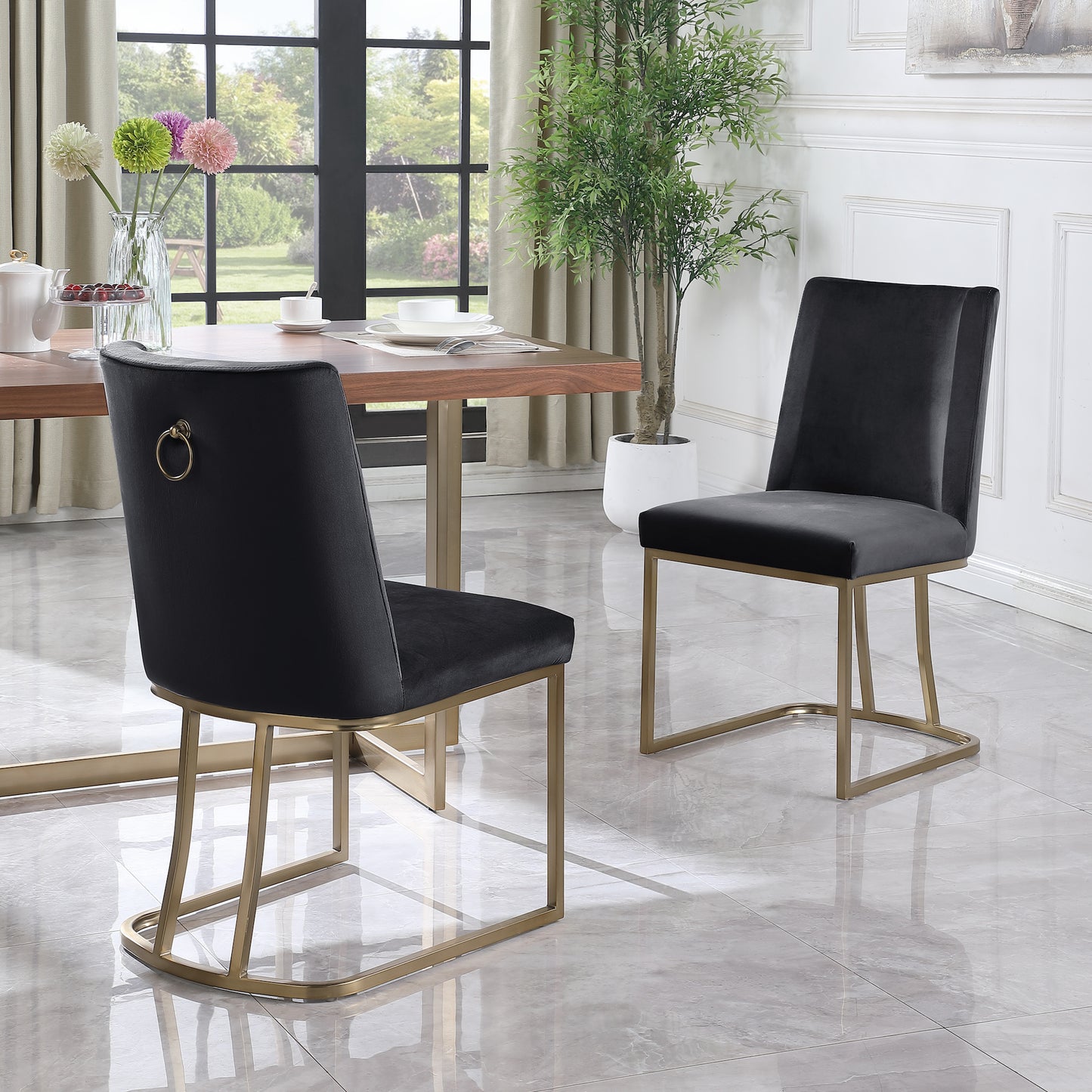 Velvet Upholstered Dining Chairs with Gold Metal Legs - Black Side Chairs (Set of 2)