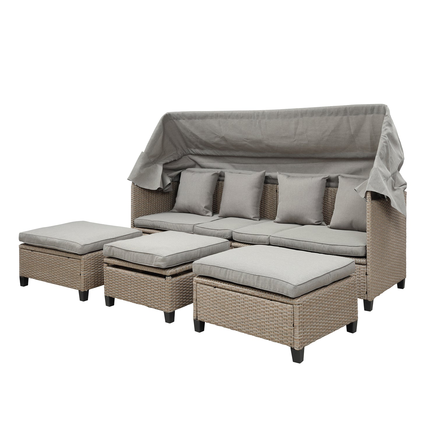 TOPMAX Ensemble de canapé de patio en osier en résine résistant aux UV 4 pièces avec auvent rétractable, coussins et table élévatrice, marron