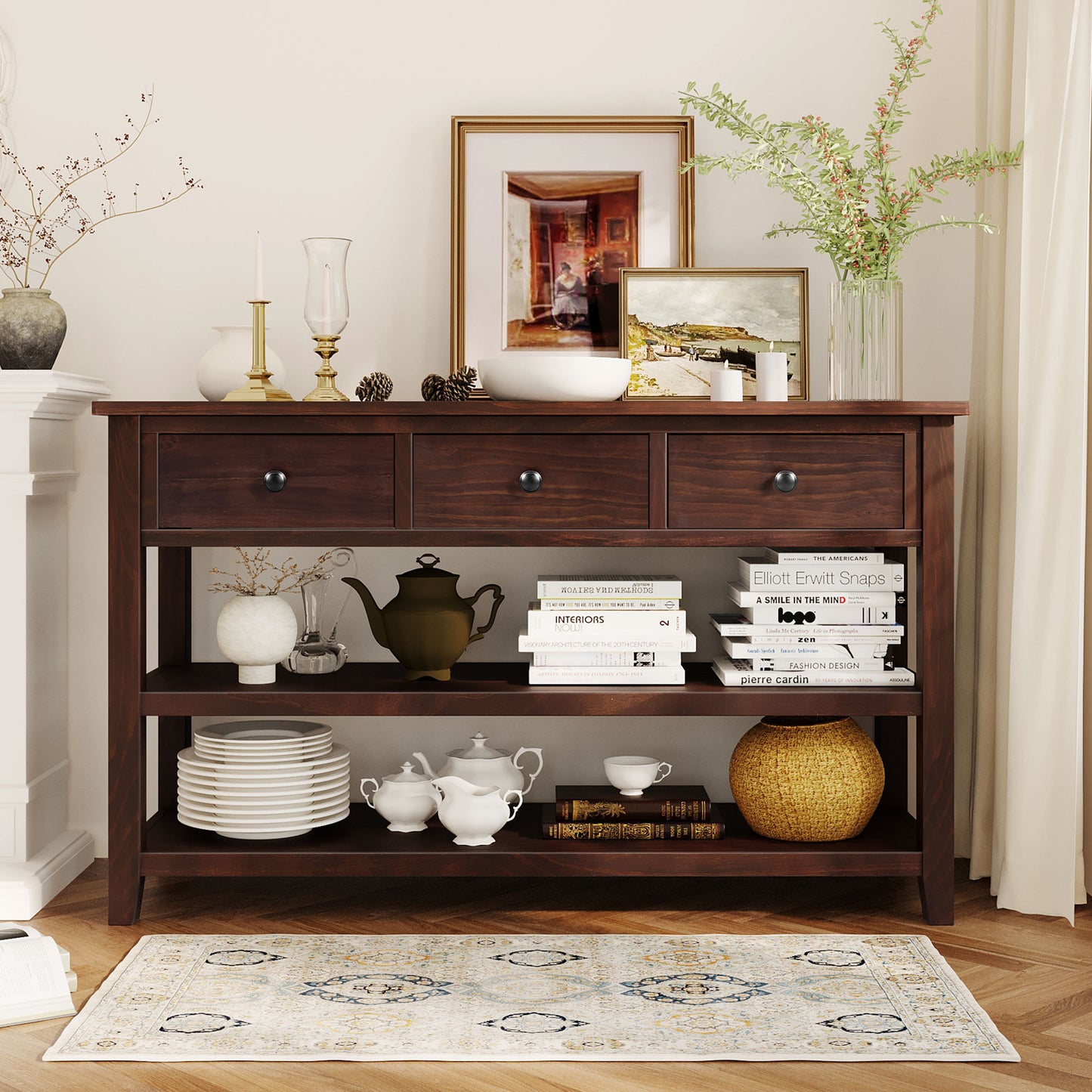 TREXM Retro Design Console Table with Two Open Shelves, Pine Solid Wood Frame and Legs for Living Room (Espresso)