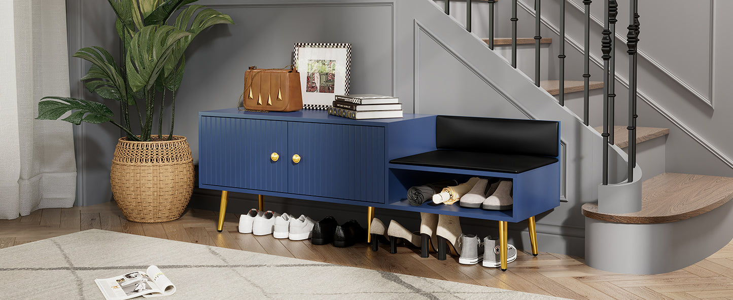 TREXM Modern Shoe Storage Bench with Hidden Storage and Upholstered Cushions for Bedside, Living Room and Entryway (Navy)