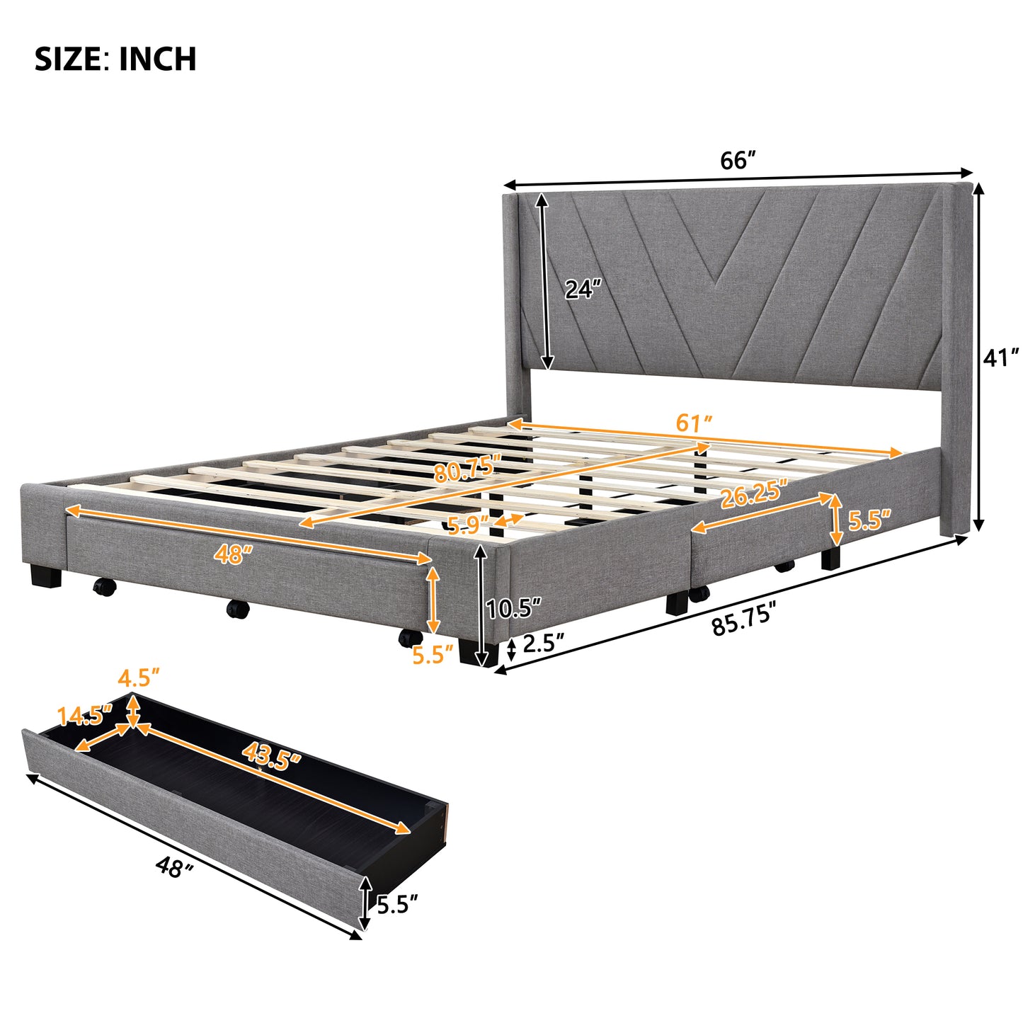 Lit plateforme rembourré avec rangement Queen Size avec 3 tiroirs (gris)