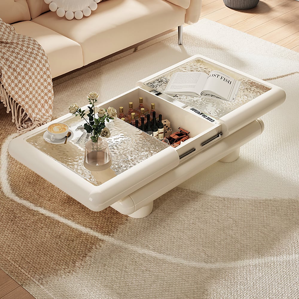 Clear & White Modern Multi-functional Large Coffee Table Extendable with Storage