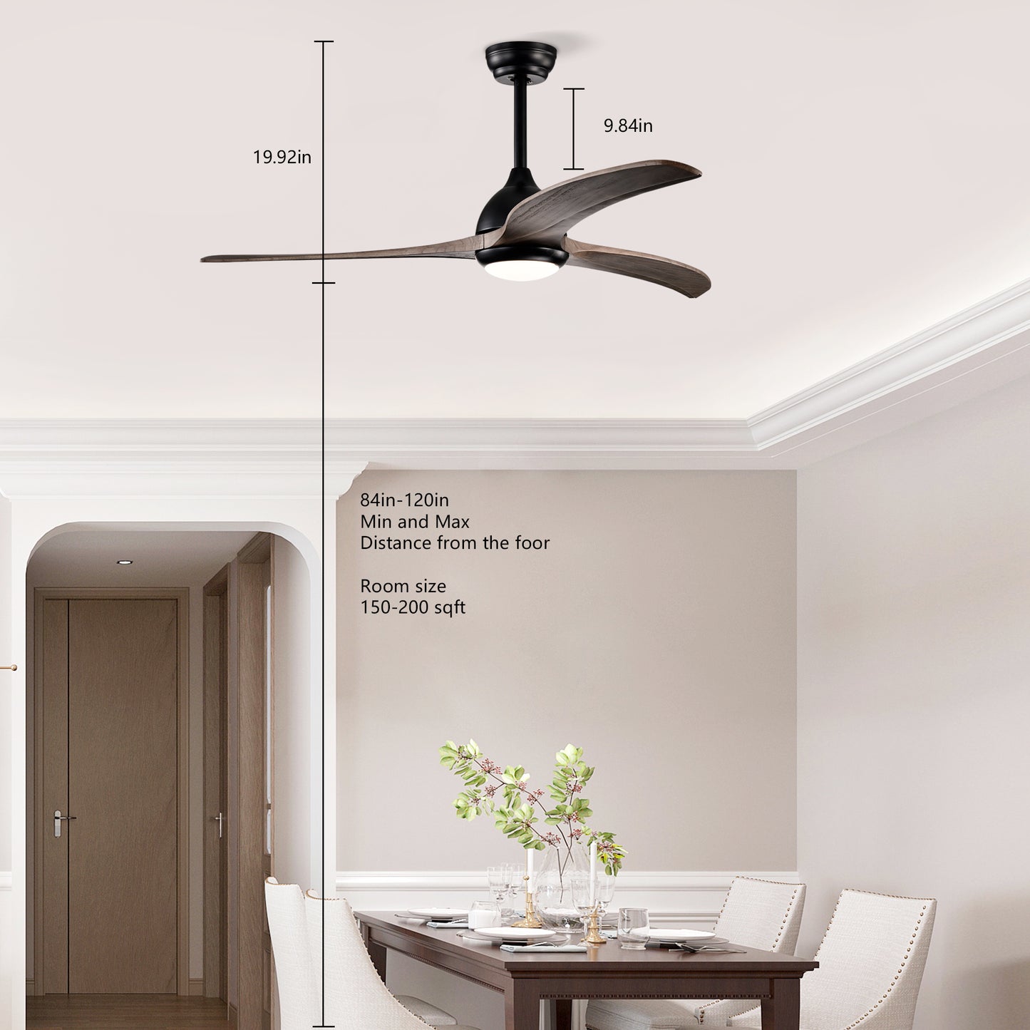 Modern 52" Ceiling Fan with Light - Matte Black Finish, Remote Control, 6-Speed Reversible Motor