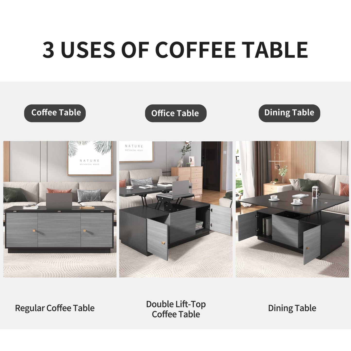 Modern Gray Multi-functional Rectangle Lift-top Coffee Table Extendable with Storage