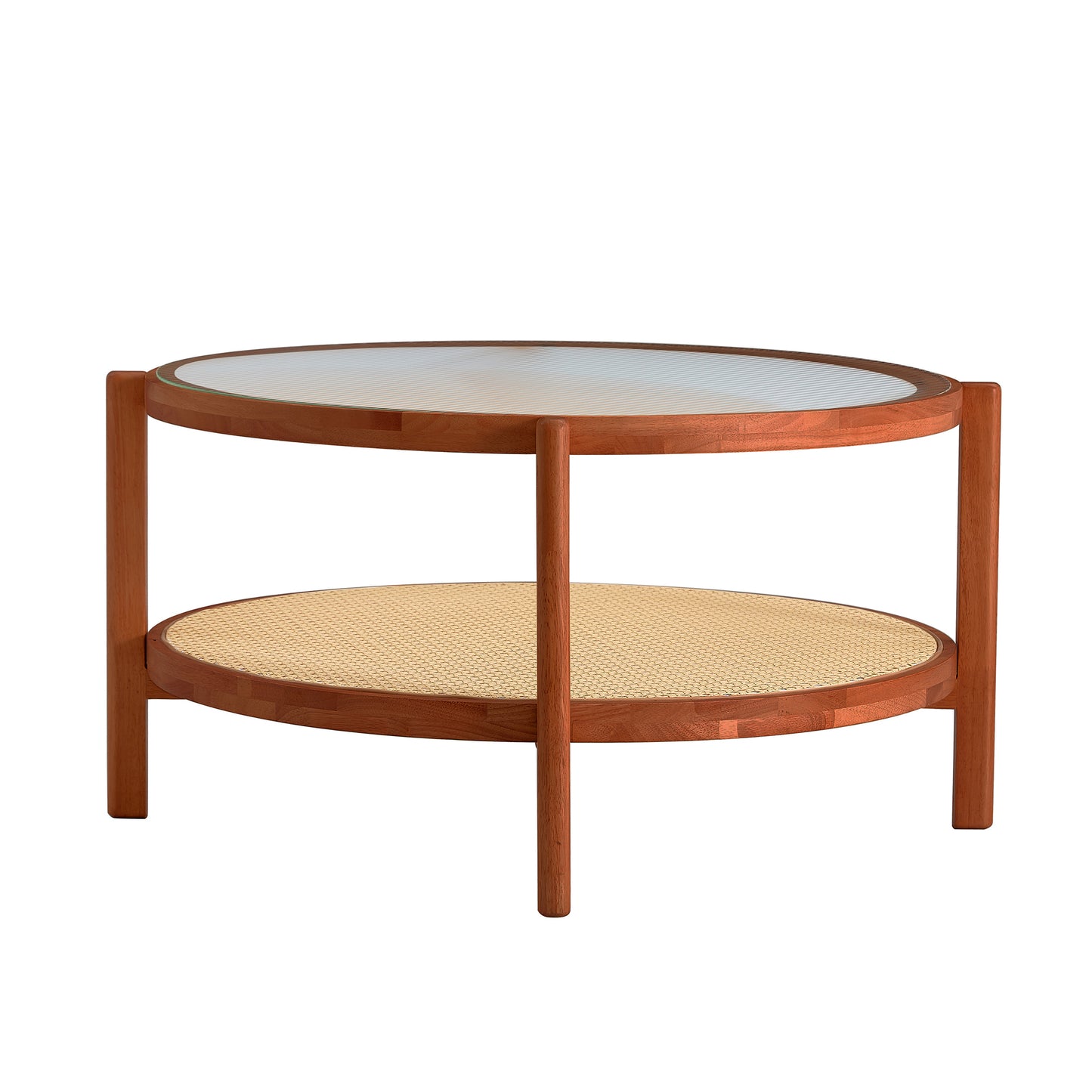 Modern Minimalist Circular Coffee Table - Double-Layer Solid Wood Design with Craft Glass Top and PE Rattan