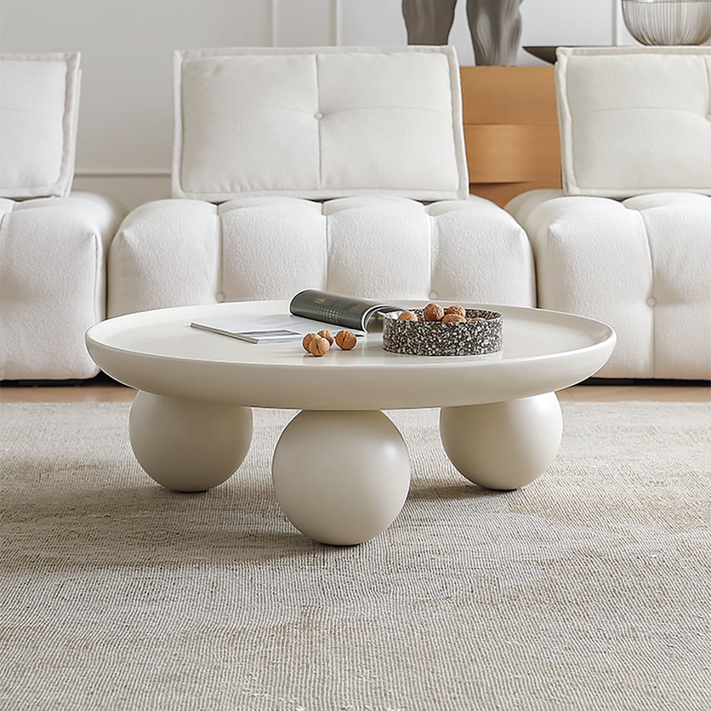 31.5" Modern Round White Block Coffee Table with Spherical Legs