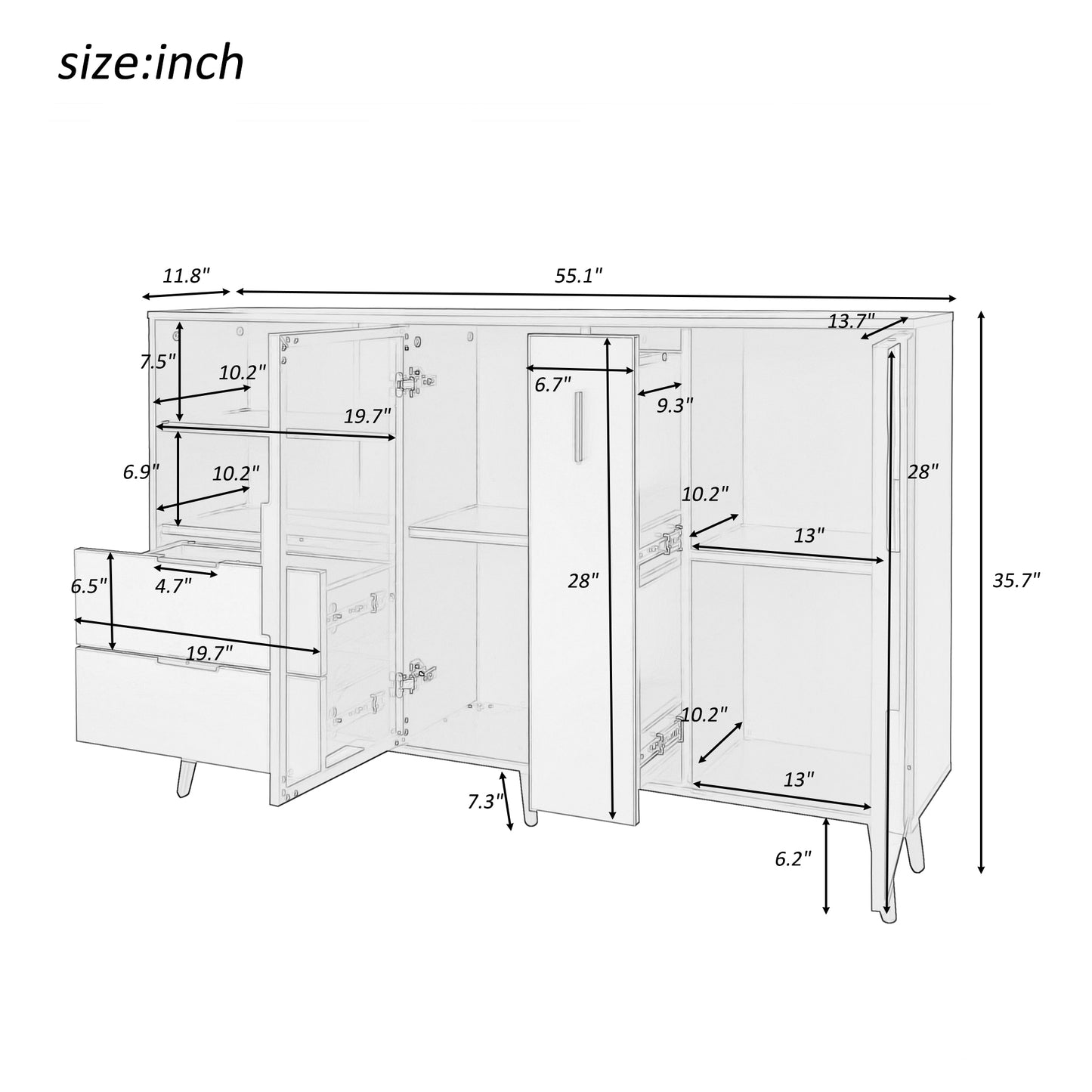 Featured Two-door Storage Cabinet with Two Drawers and Metal Handles, Suitable for Corridors, Entrances, Living rooms.