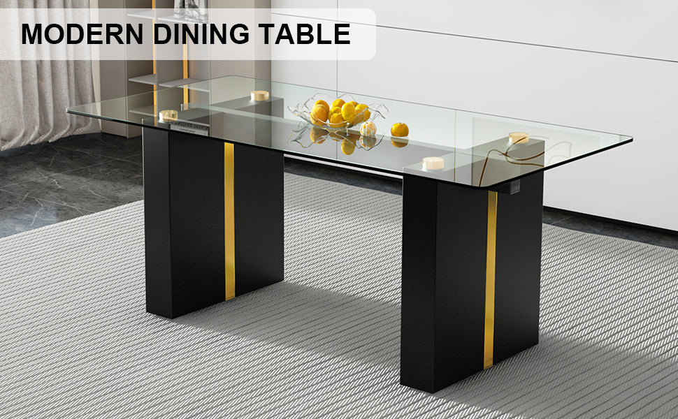 Large Modern Rectangular Glass Dining Table with Sturdy MDF Legs - Accommodates 6-8 People with 0.39-Inch Tempered Glass Top