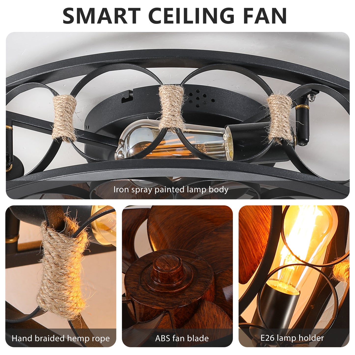 Flush Mount Caged Ceiling Fan with Lights - 6-Speed Reversible Blades & Remote Control, 5 LED Bulbs Included