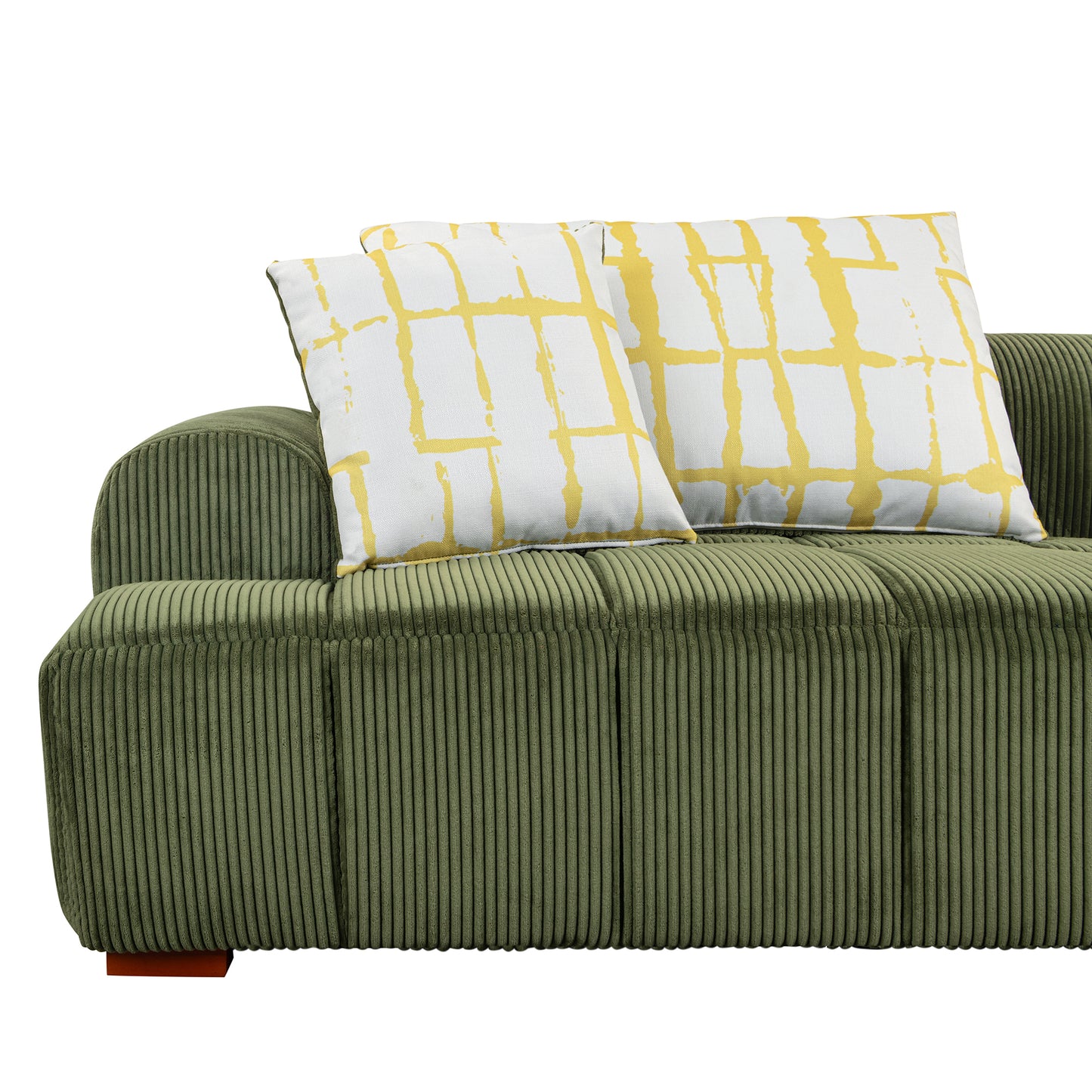 103.9" Modern Couch Corduroy Fabric Comfy Sofa with Rubber Wood Legs, 4 Pillows for Living Room, Bedroom, Office, Green