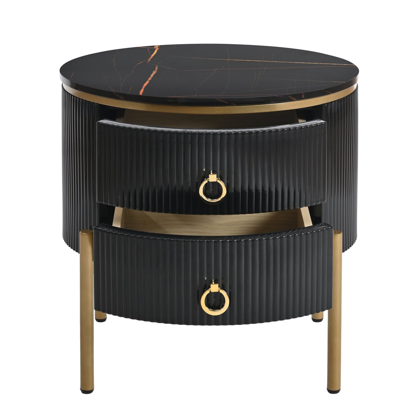 ON-TREND Φ19.6'' Easy Assembly Round End Table with Storage Drawers, Fluted Nightstand with High Gloss Faux Marble Tabletop, Modern Coffee Table with Metal Legs and Handles for Living Room, Black