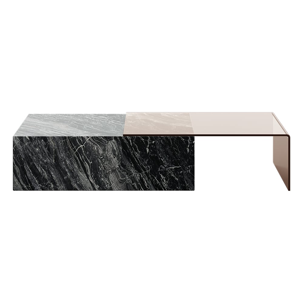 2 Piece Modern Large Square Coffee Table in Black & Tea with Marble Veneer & Acrylic