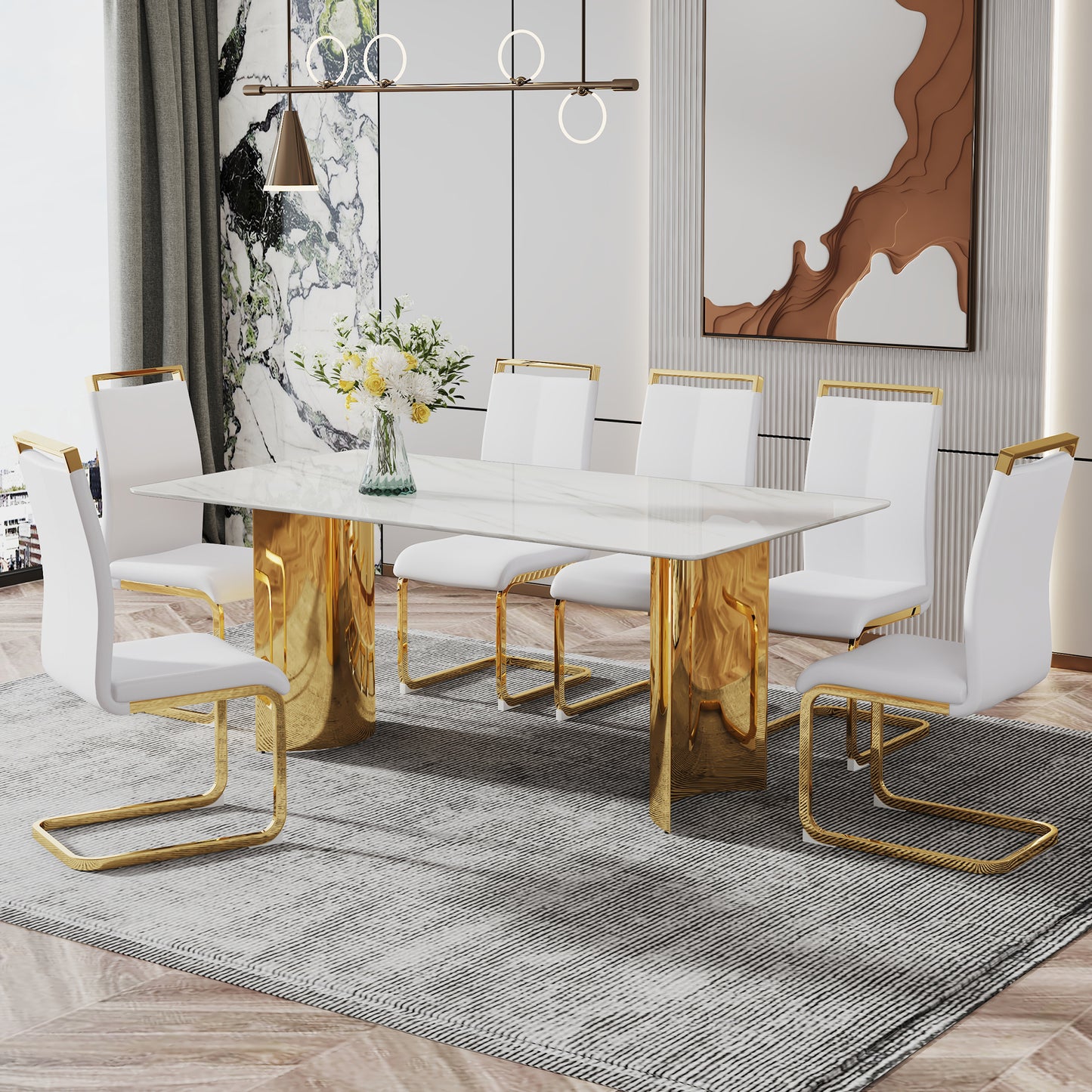 Stylish 71" Minimalist Dining Table with White Imitation Marble Glass Surface and Gold Metal Legs - Ideal for Dining Areas and Living Spaces