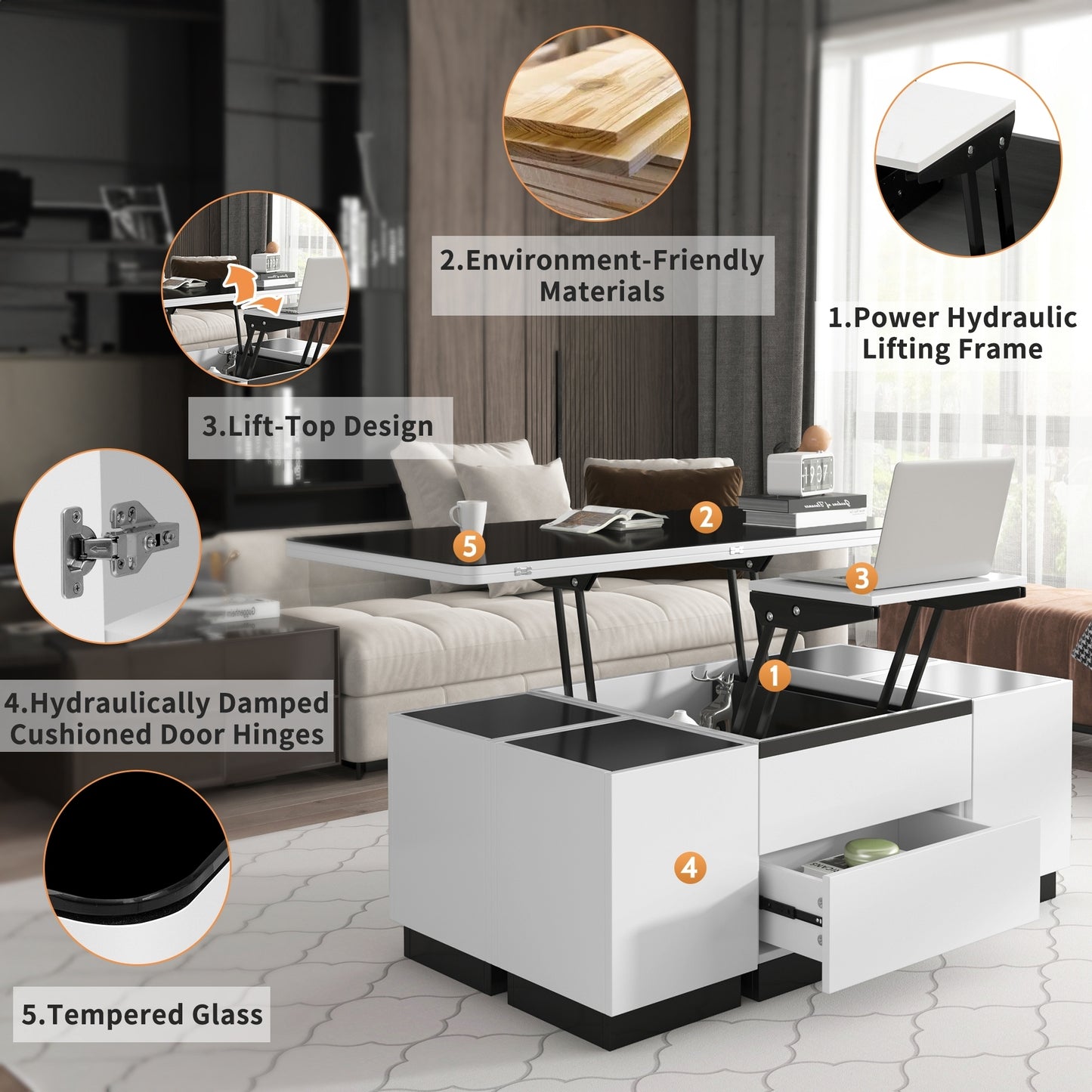 Modern White Lift Top Glass Coffee Table with Drawers & Storage Multifunction Table