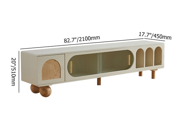 Meuble TV à porte coulissante en verre blanc cassé de 82,7 po avec bibliothèque en arc et rangement naturel