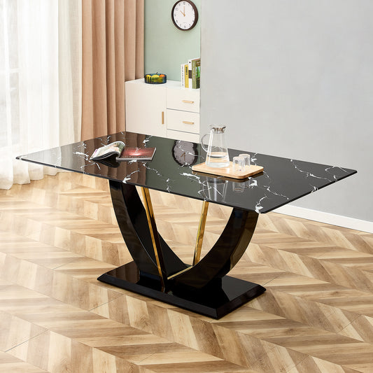 Stylish Rectangular Dining Table with Luxurious Black Imitation Marble Texture - Versatile Desk for Home