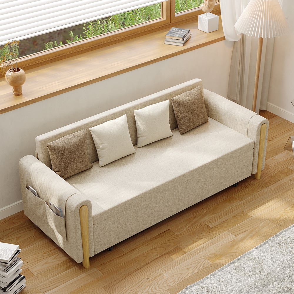 82" Full Beige Sleeper Sofa Upholstered Convertible Sofa Bed with Storage