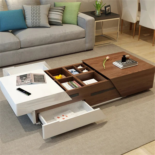 82'' Modern Wood Extendable Sliding Top Coffee Table with Storage in White Walnut