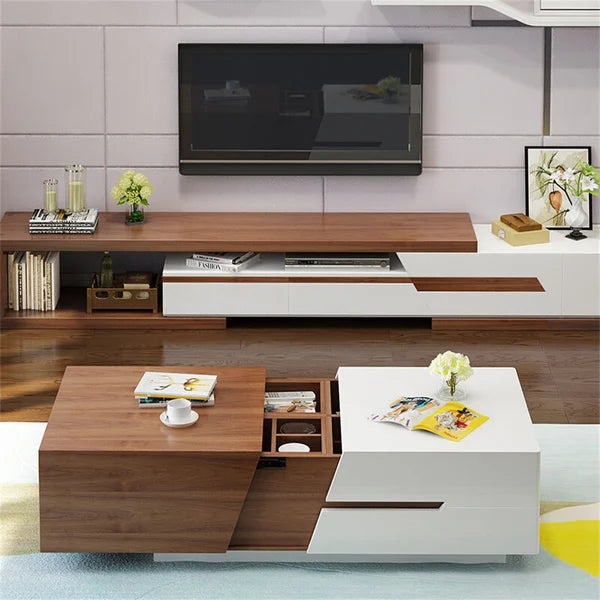 82'' Modern Wood Extendable Sliding Top Coffee Table with Storage in White Walnut