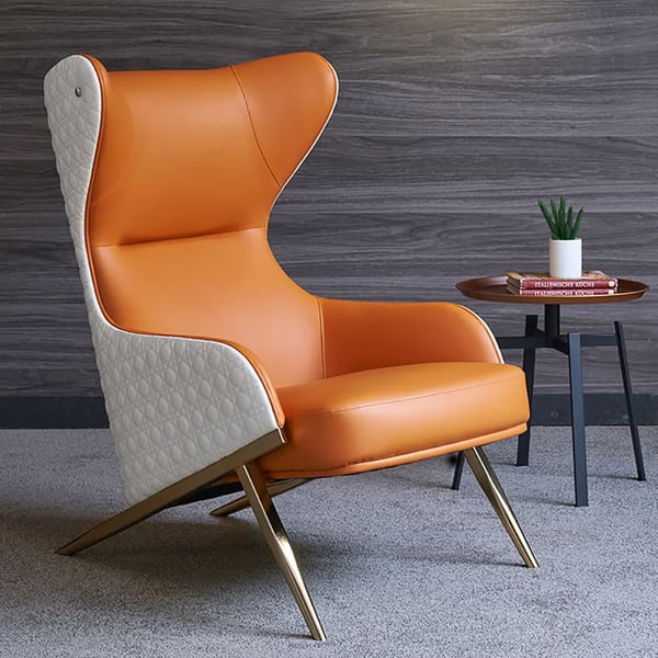 Chaise longue à oreilles en cuir avec base à tréteaux dorés