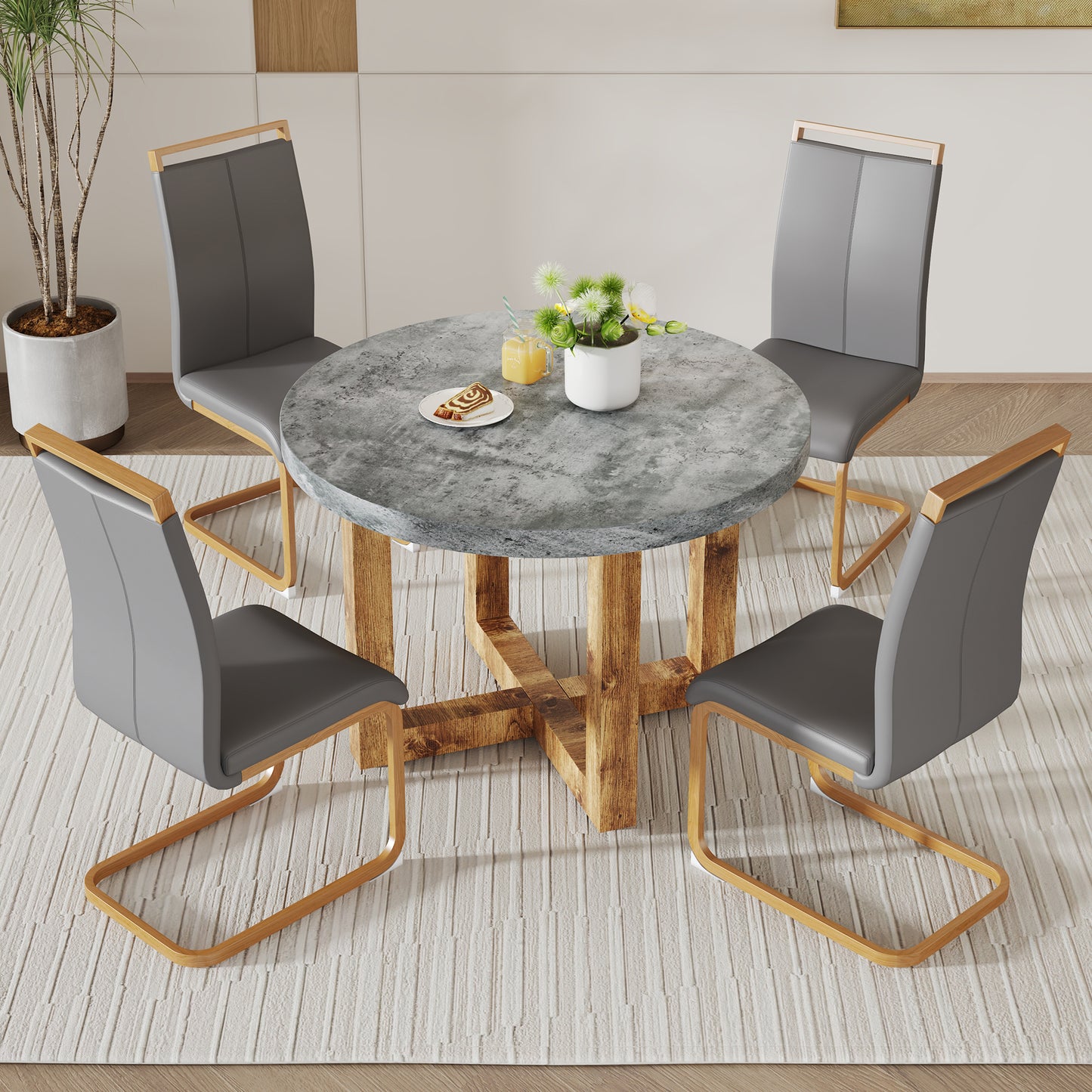 A modern and practical circular dining table. Made of MDF tabletop and wooden MDF table legs. Suitable for living room and bedroom. 42 inches * 42 inches * 30 inches