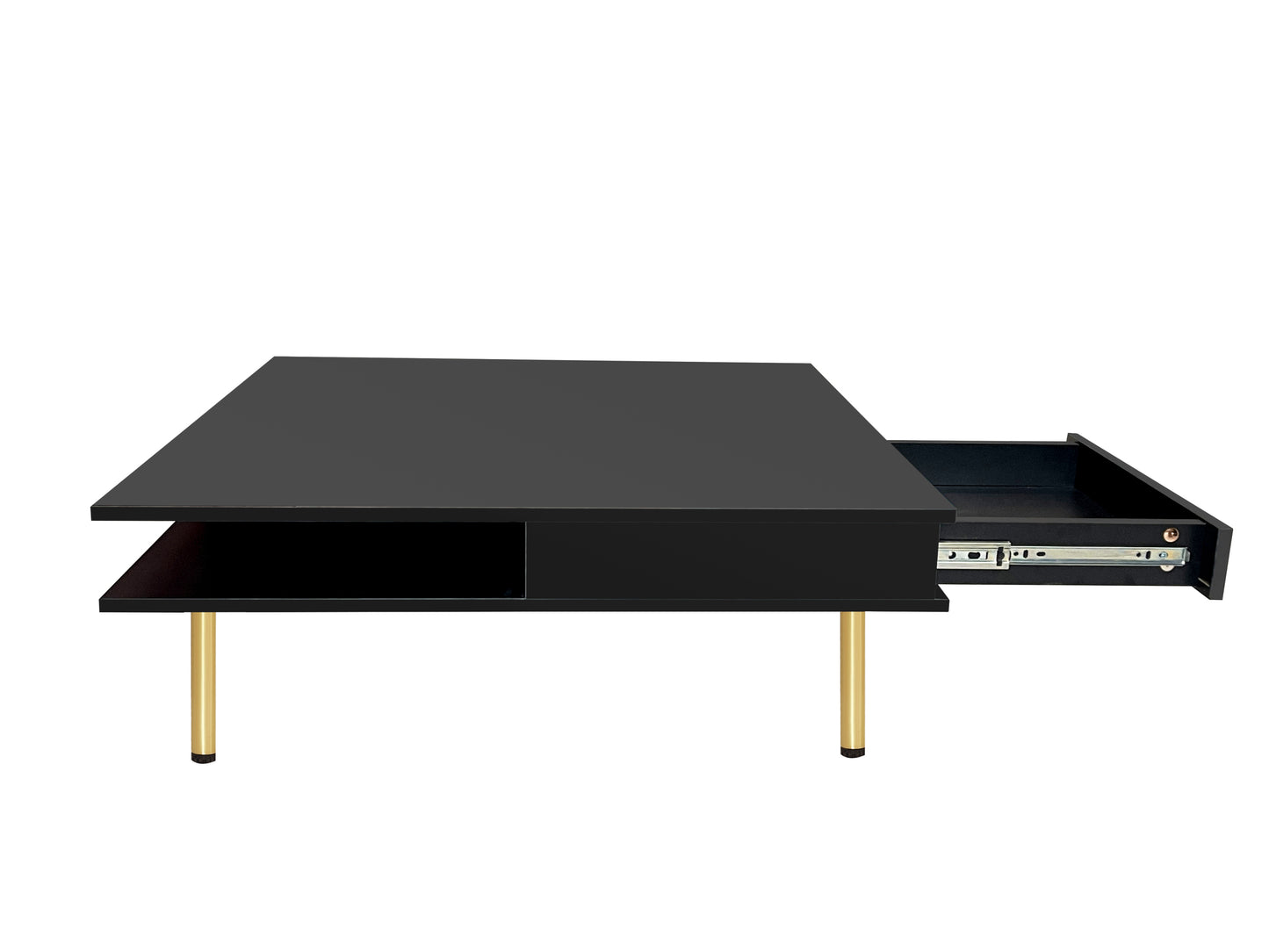 ON-TREND Exquisite High Gloss Coffee Table with 4 Golden Legs and 2 Small Drawers, 2-Tier Square Center Table for Living Room, Black