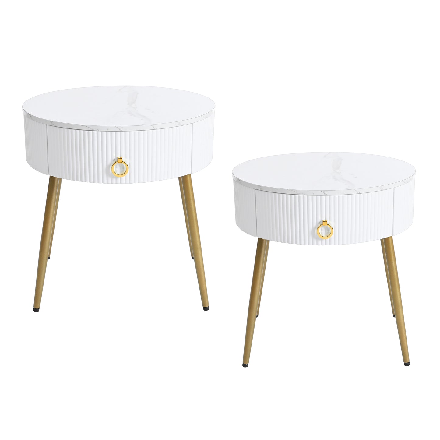 ON-TREND Φ19.6'' Easy Assembly End Tables with High Gloss Faux Marble Tabletops, Set of 2, Modern Fluted 2 Side Tables with Drawers, Round Coffee Tables with Golden Legs for Living Room, White