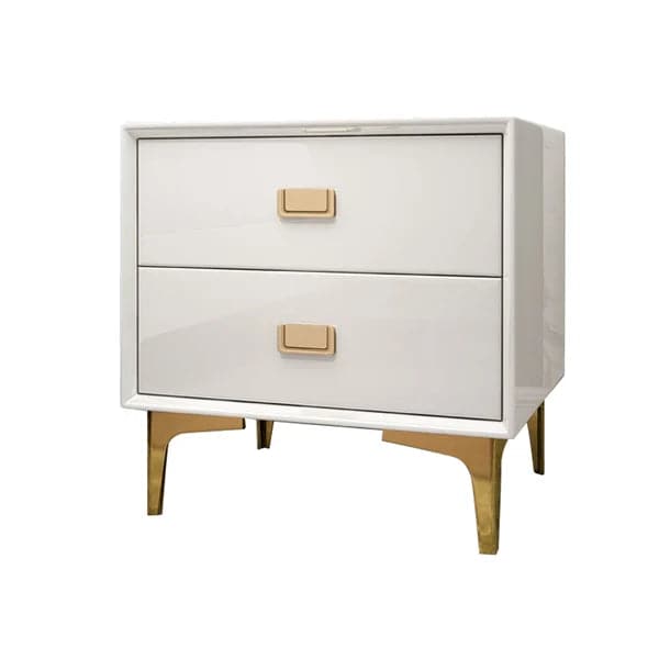 Modern White Nightstand 2 -Drawer Bedside Table in Gold Finish